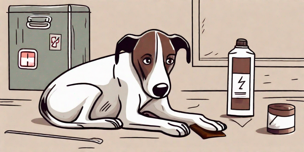 A worried dog near an empty chocolate wrapper