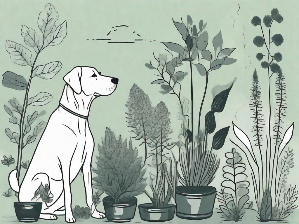 A few common toxic plants along with a curious dog cautiously sniffing them