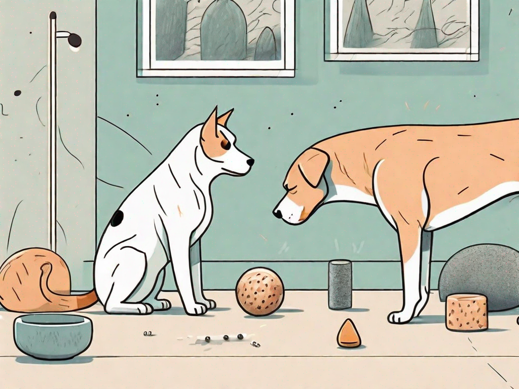 A dog and a cat curiously sniffing each other in a neutral space