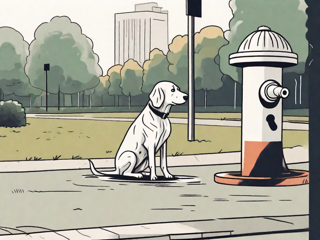 A worried-looking dog near a fire hydrant in a park