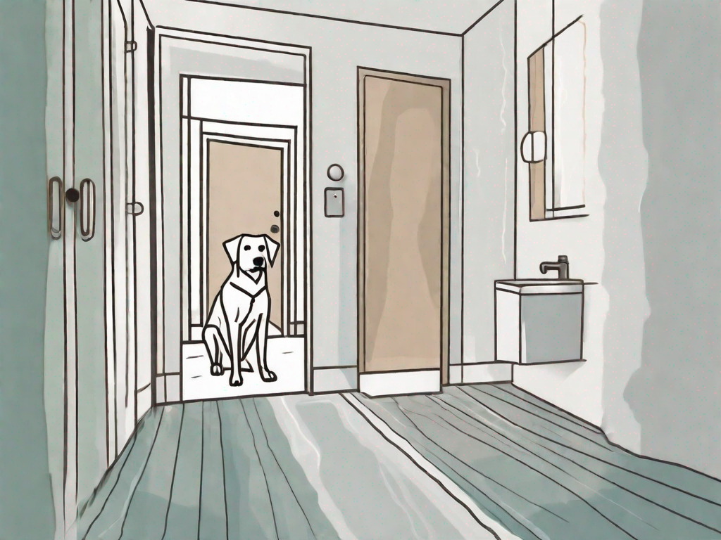 A dog standing guard outside a bathroom door