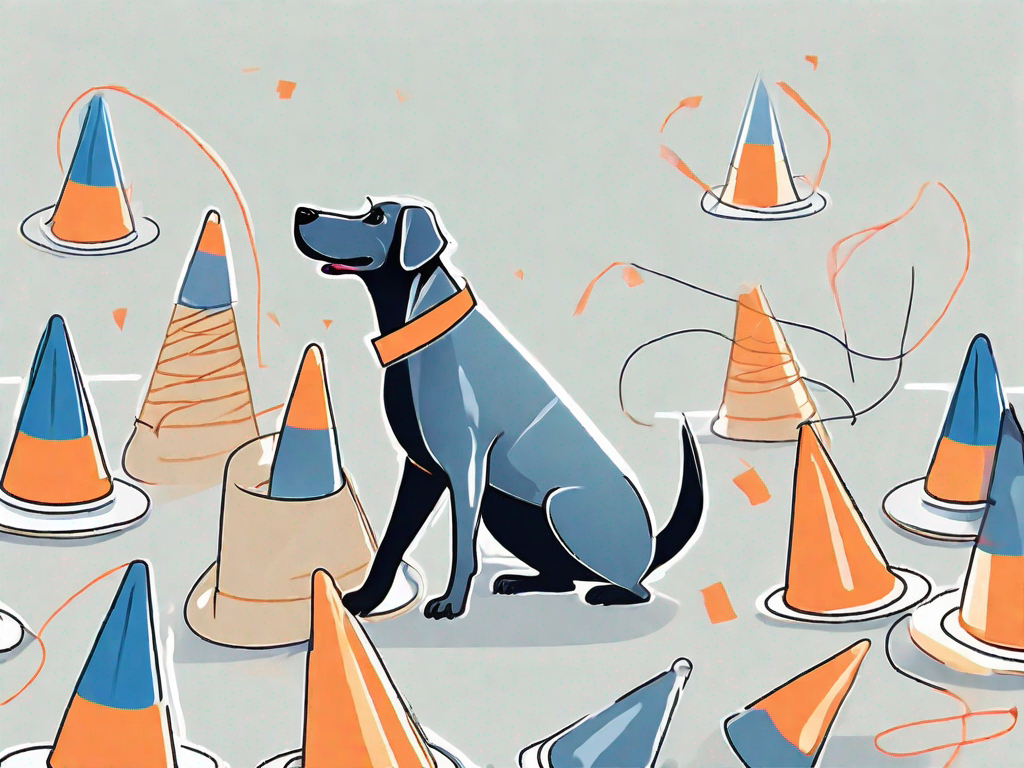 A dog performing various tasks such as walking through a crowd of cones