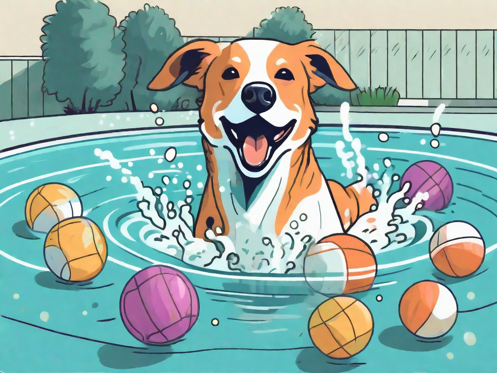 A happy dog energetically splashing in a backyard swimming pool