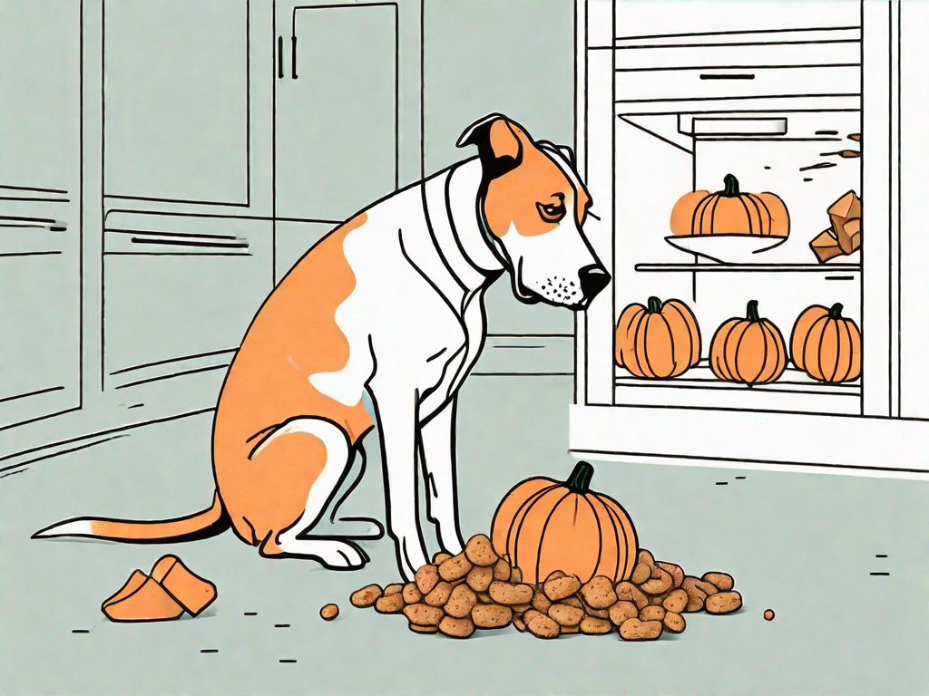 A curious dog sniffing a large pumpkin