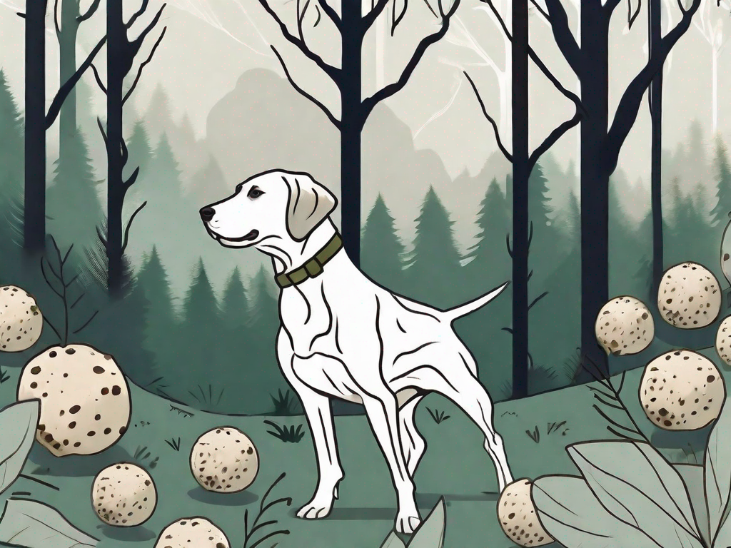 A truffle in the foreground with a truffle hunting dog in the background