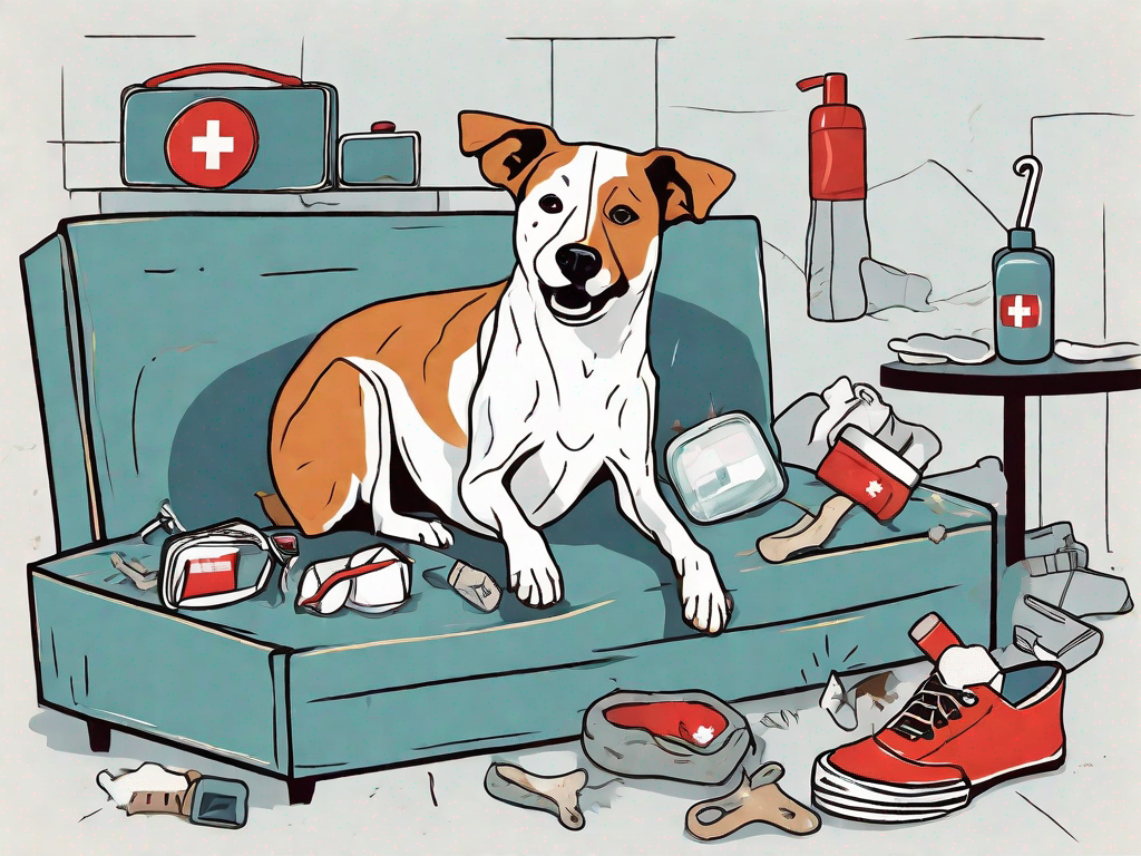 A mischievous dog surrounded by chewed up household items