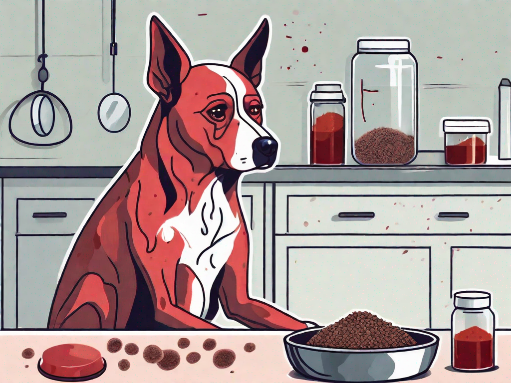 A worried-looking dog sitting next to a bowl of iron-rich dog food