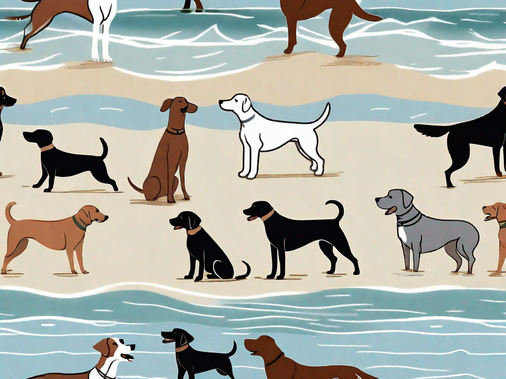 Several different breeds of dogs joyfully playing and splashing in the waters of a scenic german beach
