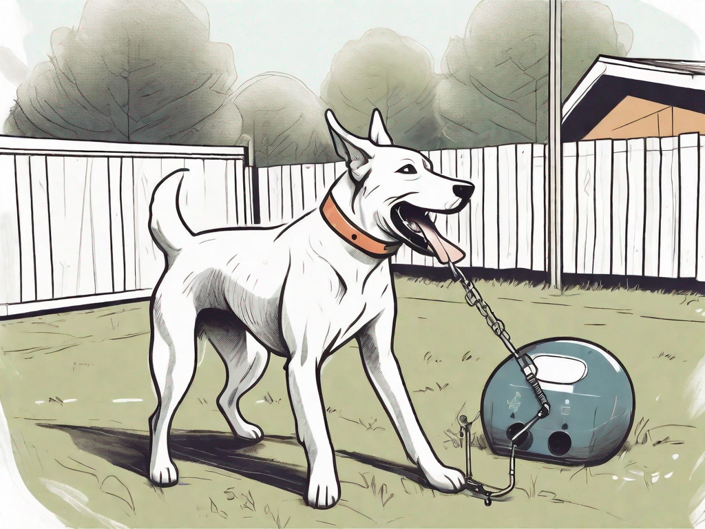 A playful dog interacting with a dummy training device in a backyard setting