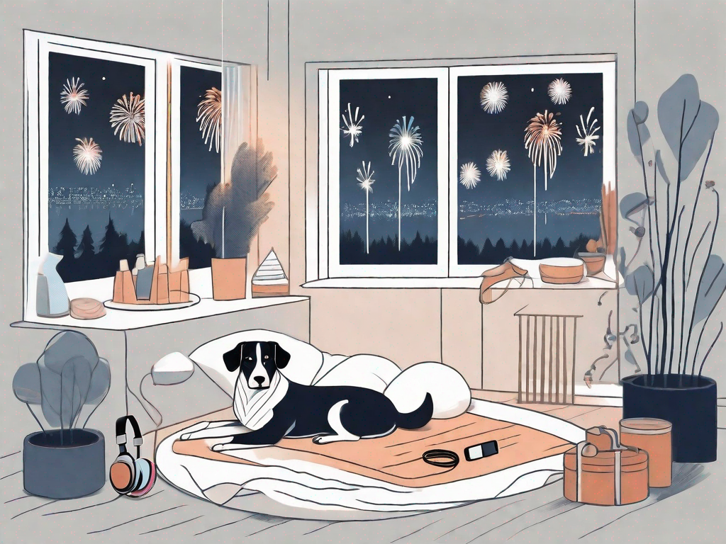 A dog comfortably sitting in a cozy indoor setting with a window view of fireworks