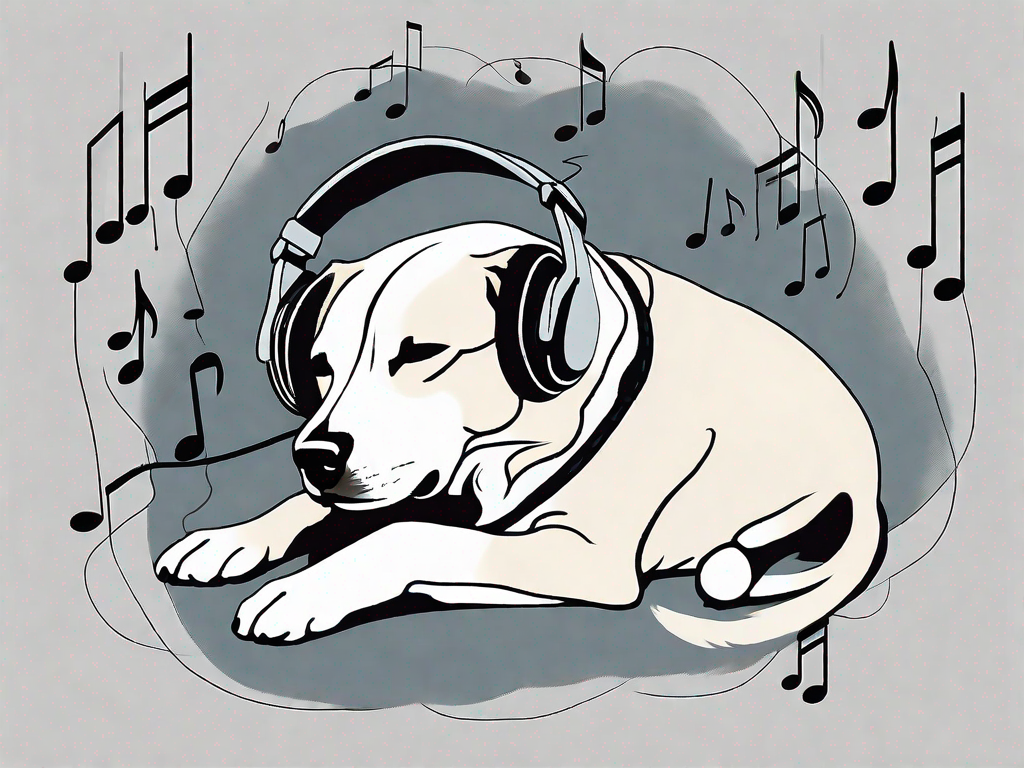 A serene shelter dog lying down peacefully with a pair of headphones on