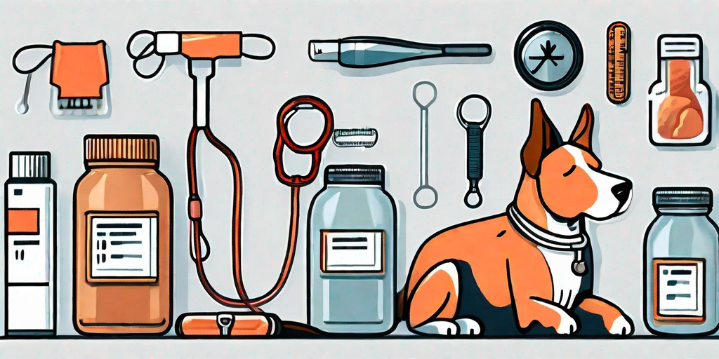 A dog looking sickly with various vet-related items
