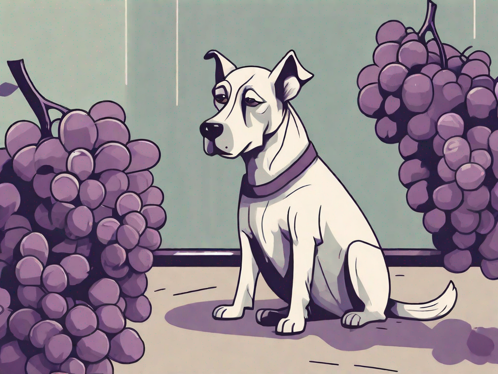 A worried-looking dog sitting next to a bunch of grapes