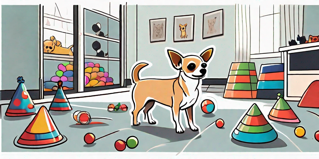 A chihuahua dog looking nervous and agitated amidst scattered toys and a chaotic children's playroom