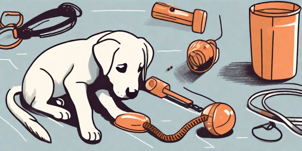A labrador puppy interacting with various training tools like a leash