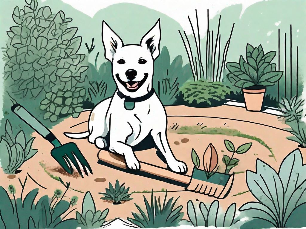 A playful dog digging a hole in a lush garden