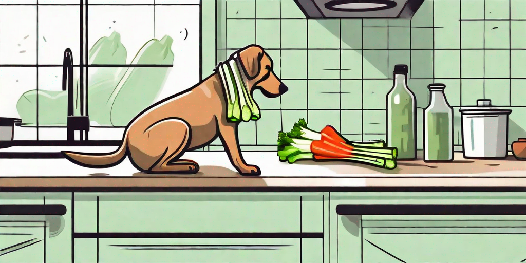 A dog curiously sniffing a bunch of fresh celery on a kitchen counter