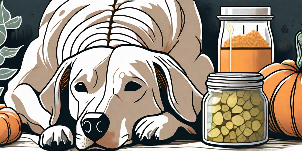 A dog comfortably resting with various natural remedies like ginger