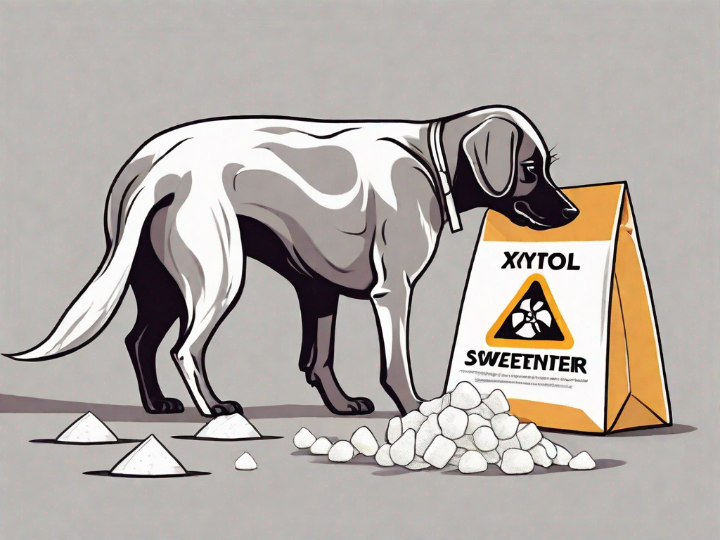 A dog curiously sniffing a bag of xylitol sweetener