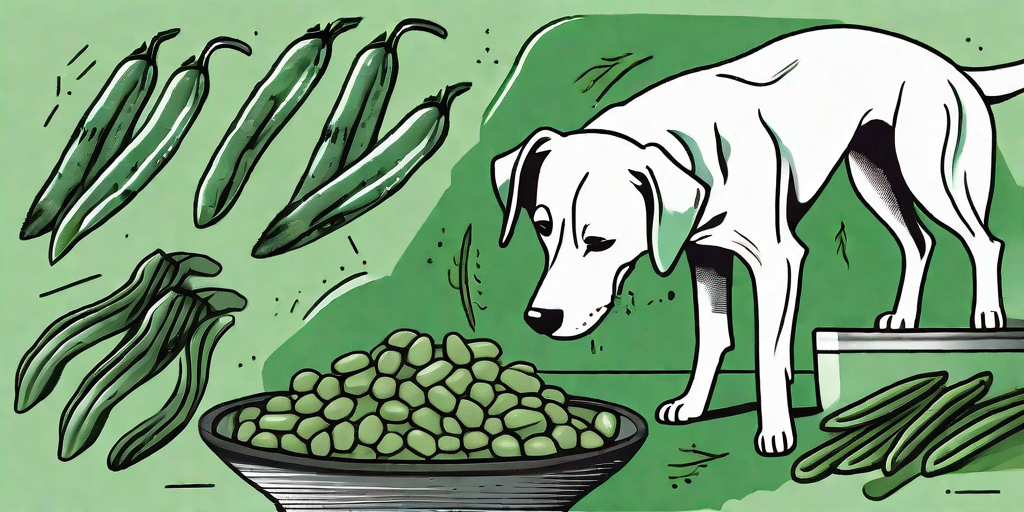 A dog happily munching on green beans