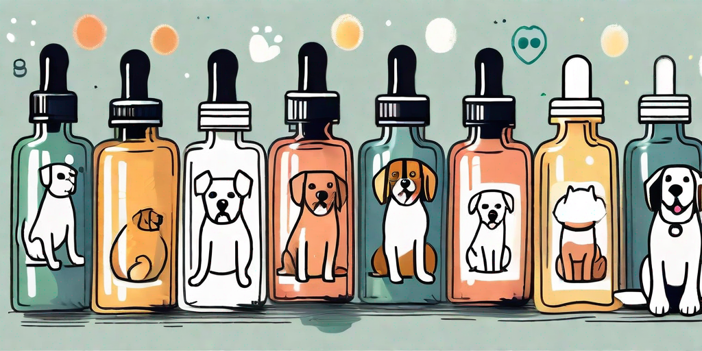 Several dogs happily interacting with various types of safe essential oils