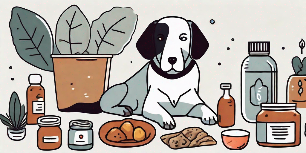 A dog in a relaxed environment with various foods