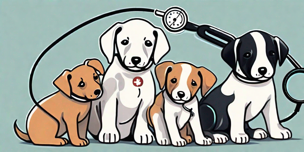 A variety of puppies interacting with different items such as a stethoscope