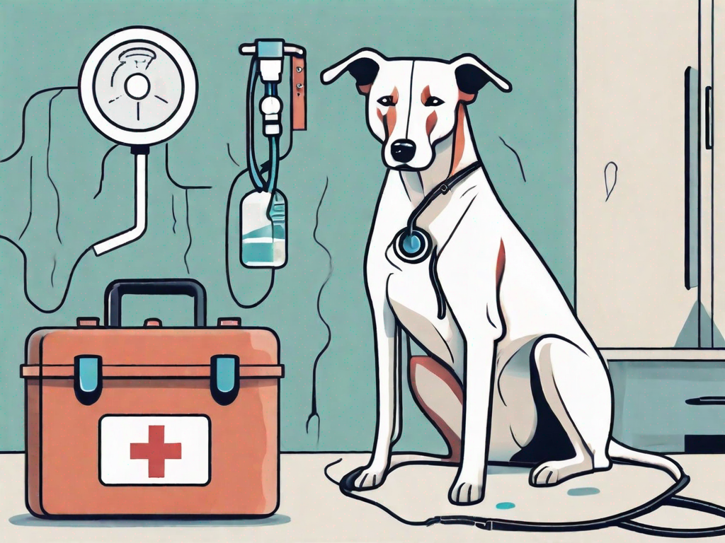 A concerned-looking dog sitting next to a medical kit