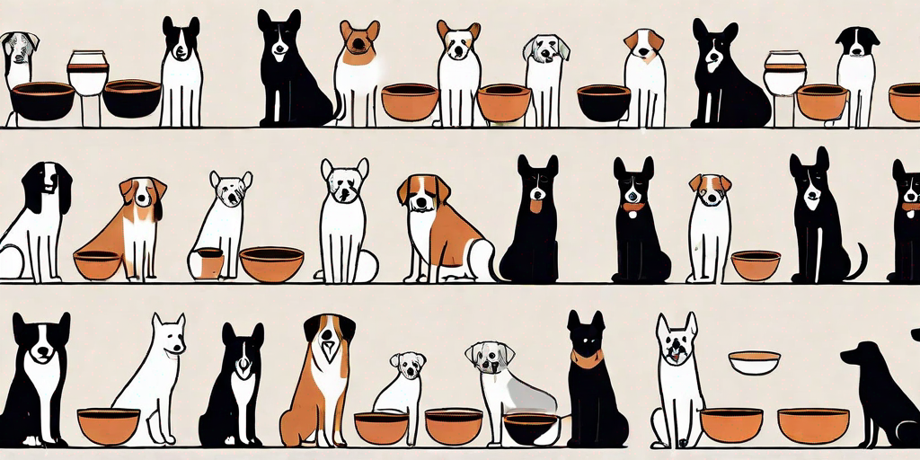 A variety of dog breeds around different sizes of dog bowls filled with appropriate amounts of food
