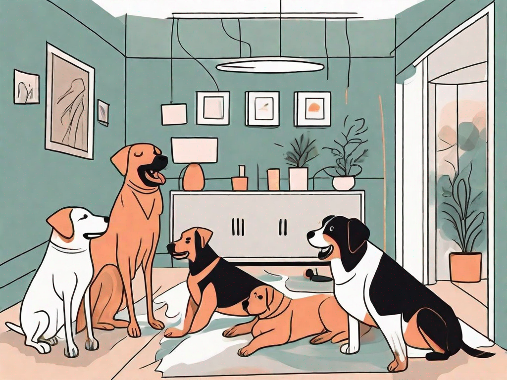 A lively scene with various breeds of dogs interacting in a home setting