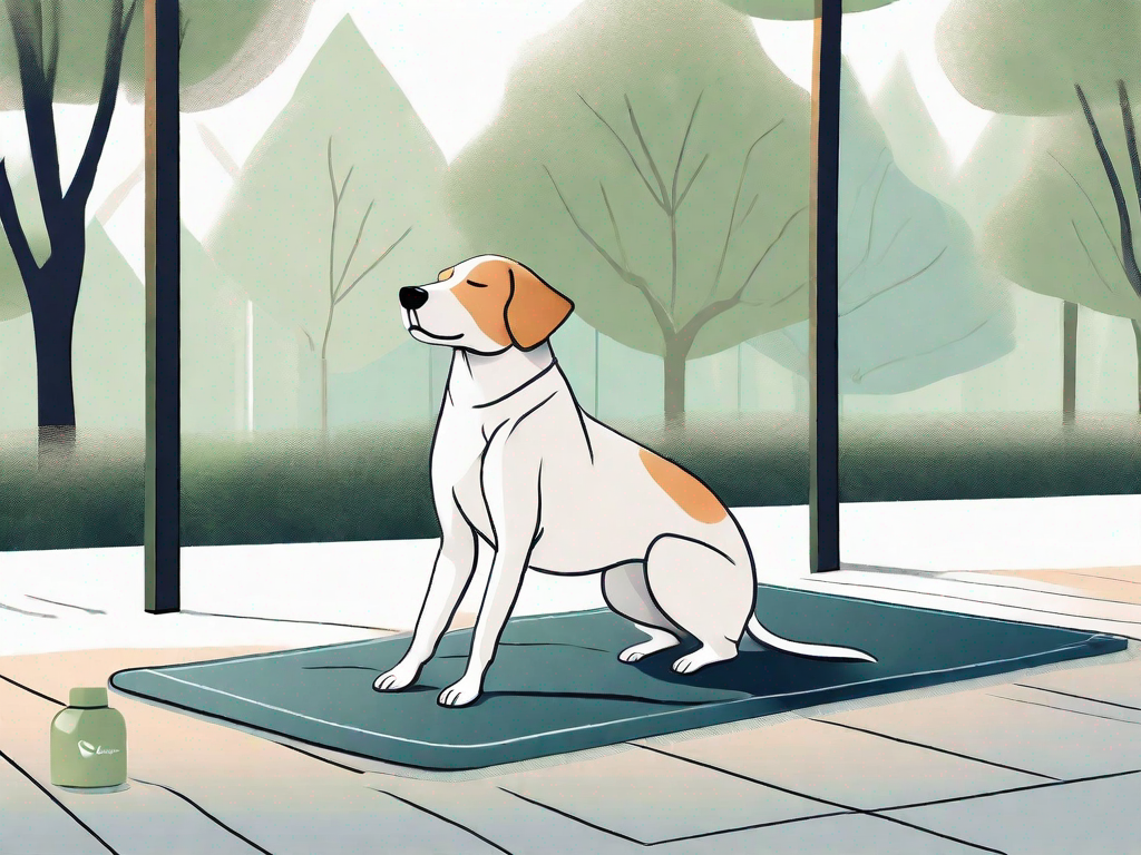 A serene park setting where a dog is mimicking a yoga pose demonstrated by a yoga mat and a water bottle