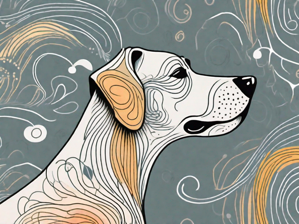 A dog sniffing the air with various scents represented as different colored swirls