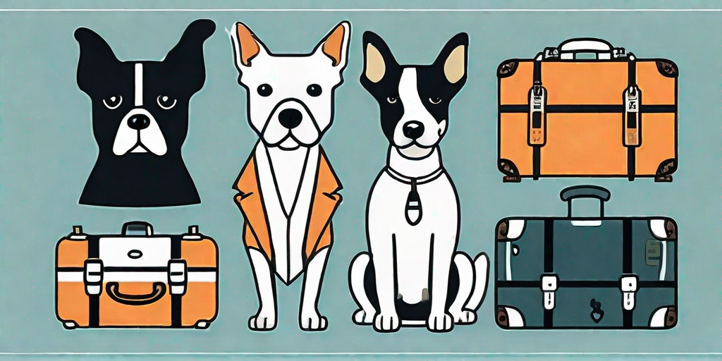 Several different breeds of dogs with luggage and travel accessories