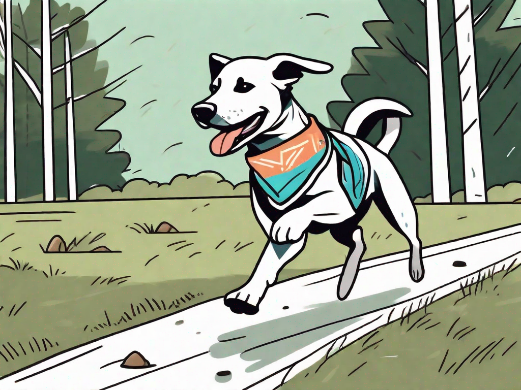 A dog wearing a sporty bandana and running shoes