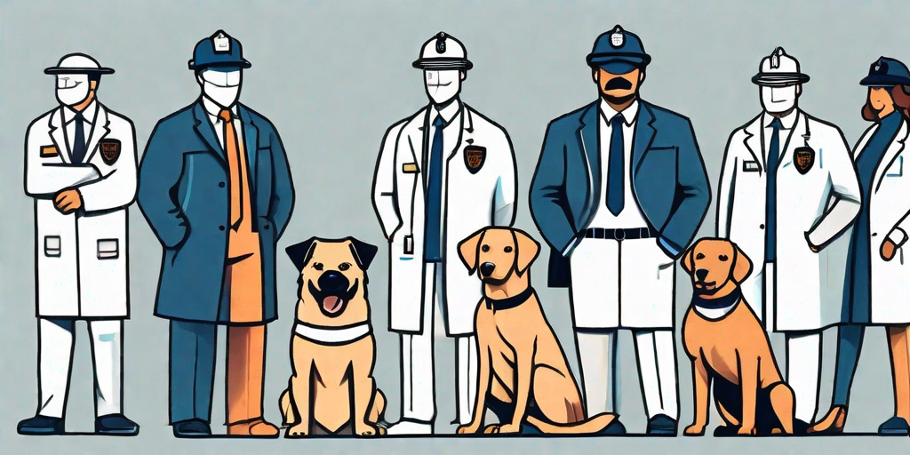 Various dogs in professional attire such as a lab coat
