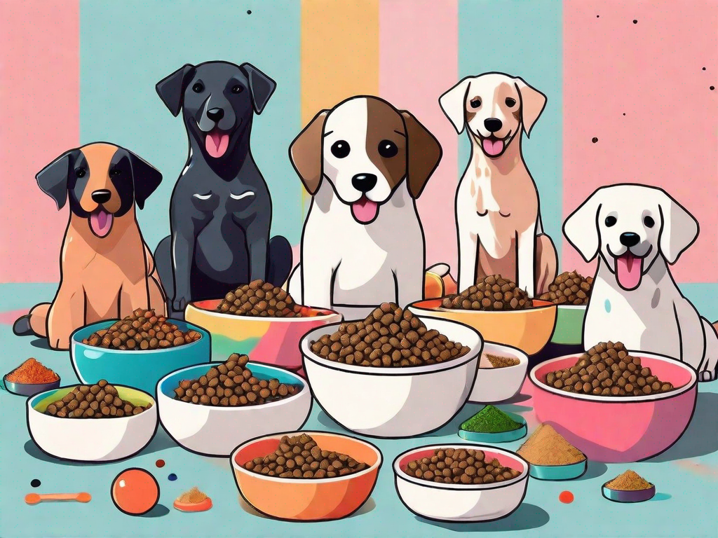 Several different breeds of puppies and young dogs happily eating and drinking from colorful bowls filled with various types of healthy dog food and water