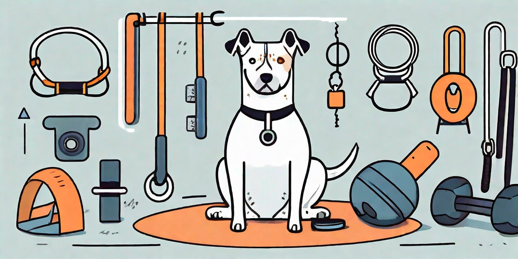A confused-looking dog surrounded by various training tools like a leash