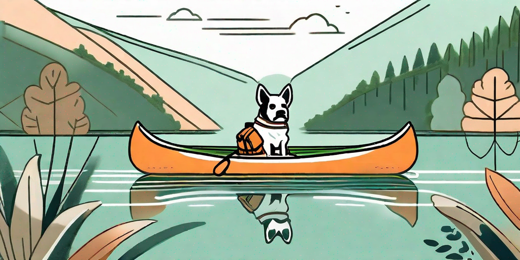 A dog wearing a life jacket in a canoe