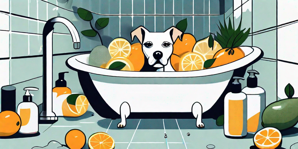 A displeased dog sitting in a bathtub surrounded by various cleaning products and fresh citrus fruits
