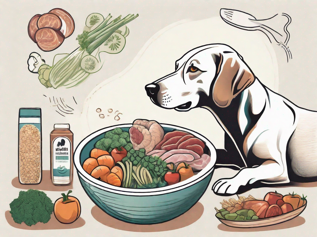 A dog happily eating from a bowl filled with a variety of healthy foods like lean meats