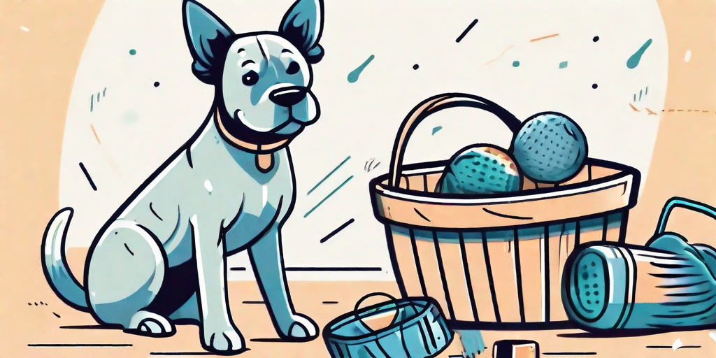 A dog happily engaged in tidying up toys into a basket