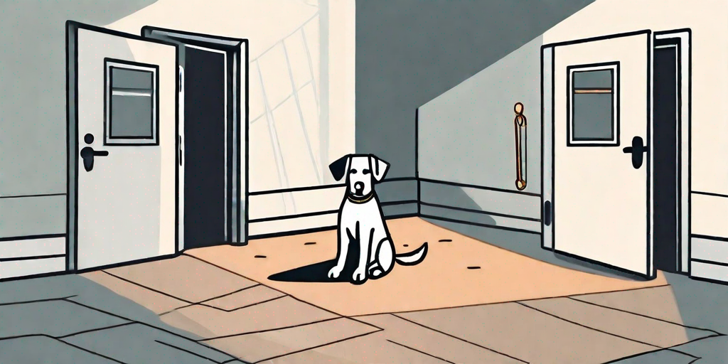 A dog obediently sitting in front of a partially closed door