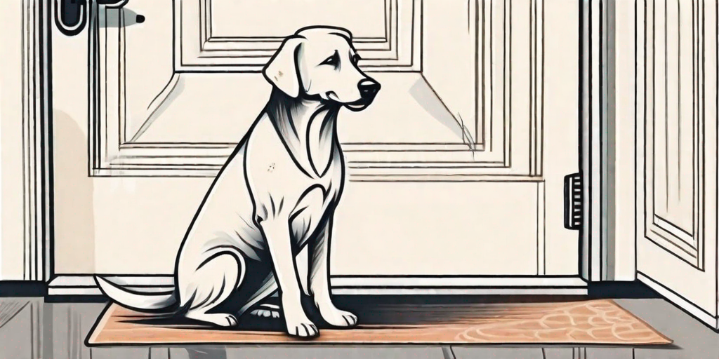A playful dog standing near a doormat