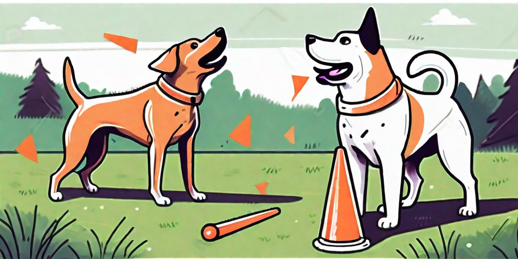 A playful dog engaged in a training session on a grassy field with training tools like cones and a platz command sign