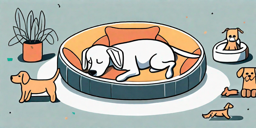 A playful scene where a child's toys are scattered around a dog's bed