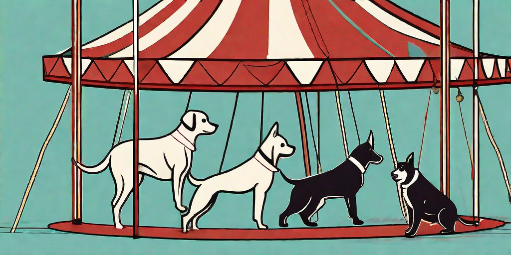 Various breeds of dogs performing circus tricks such as jumping through hoops
