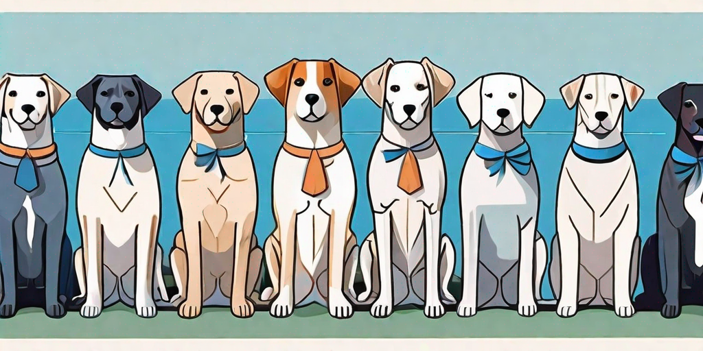 A variety of dog breeds standing in a line