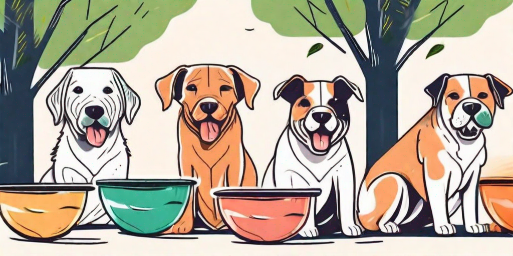 Several dogs of different breeds enjoying different flavors of homemade ice cream in colorful bowls
