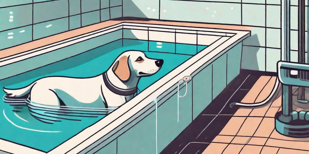 A dog happily swimming in a therapeutic pool surrounded by various hydrotherapy equipment
