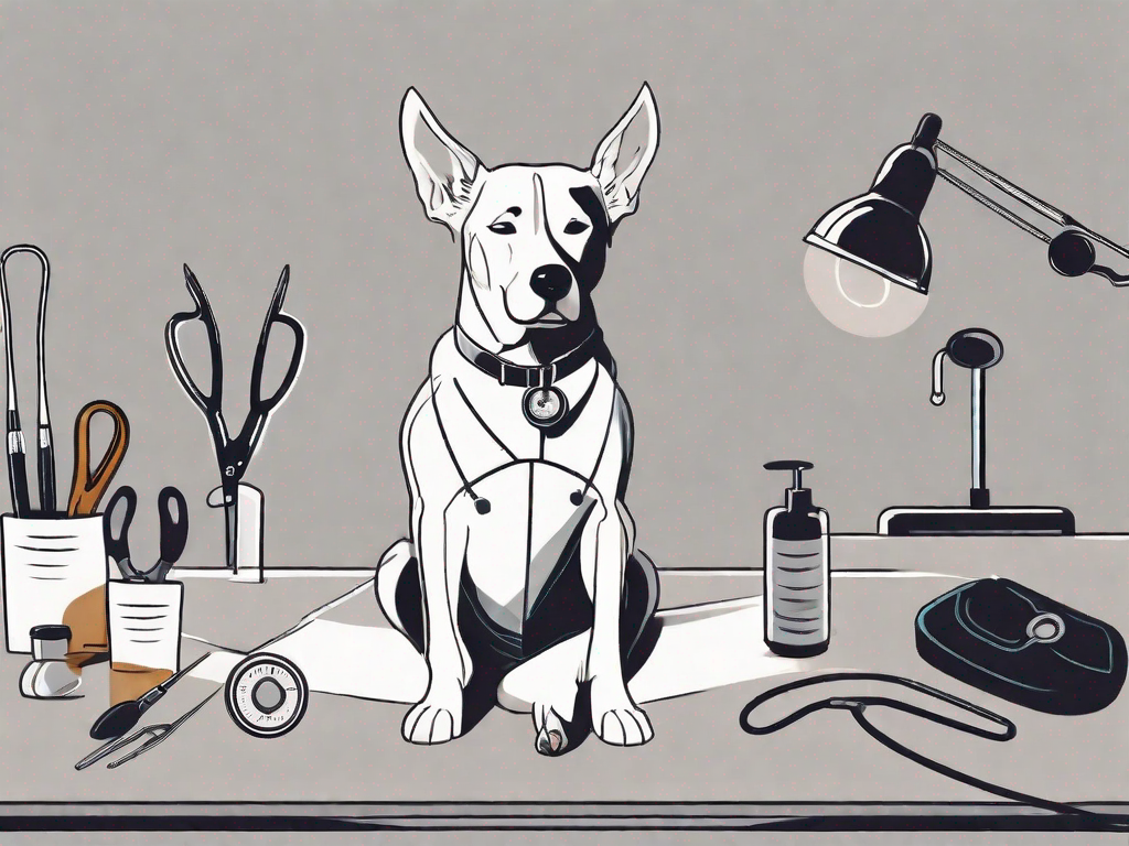 A well-trained dog calmly sitting on a vet's examination table with medical tools around
